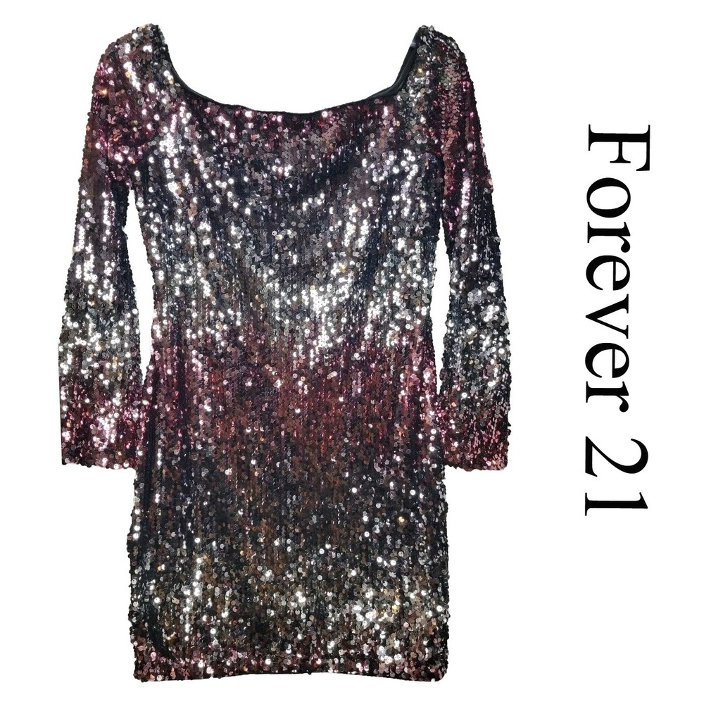Forever 21 Sequin Dress Medium Pink Silver Ombre Mini Long‎ Sleeve Party NYE